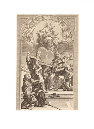 Мария и Евангелисты (офорт середины XVIII века), Германия Гравюра ; Офорт, Бумага Размер: 29,9 х 19,6 см 9999 г инфо 2209g.